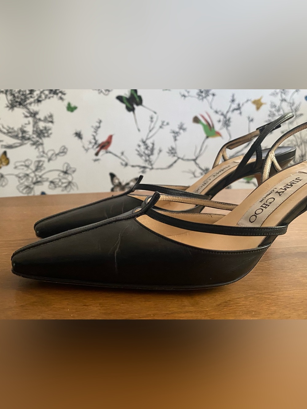 Vintage ‘90s/Y2K Jimmy Choo Black Leather Cutout Slingback Heels - Picture 4 of 16